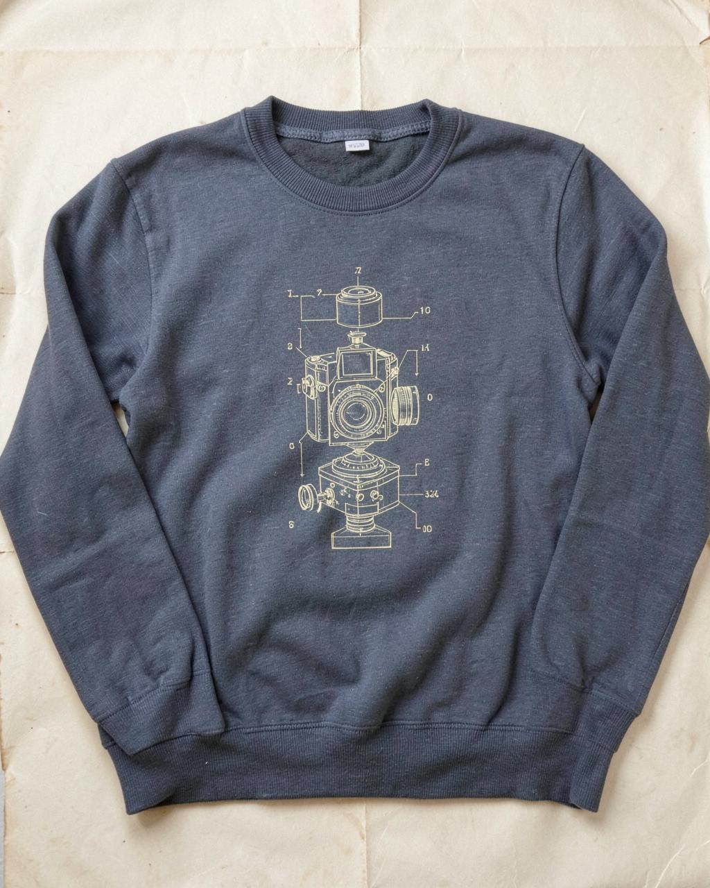 Slate sweatshirt printed with an exploded-view camera diagram