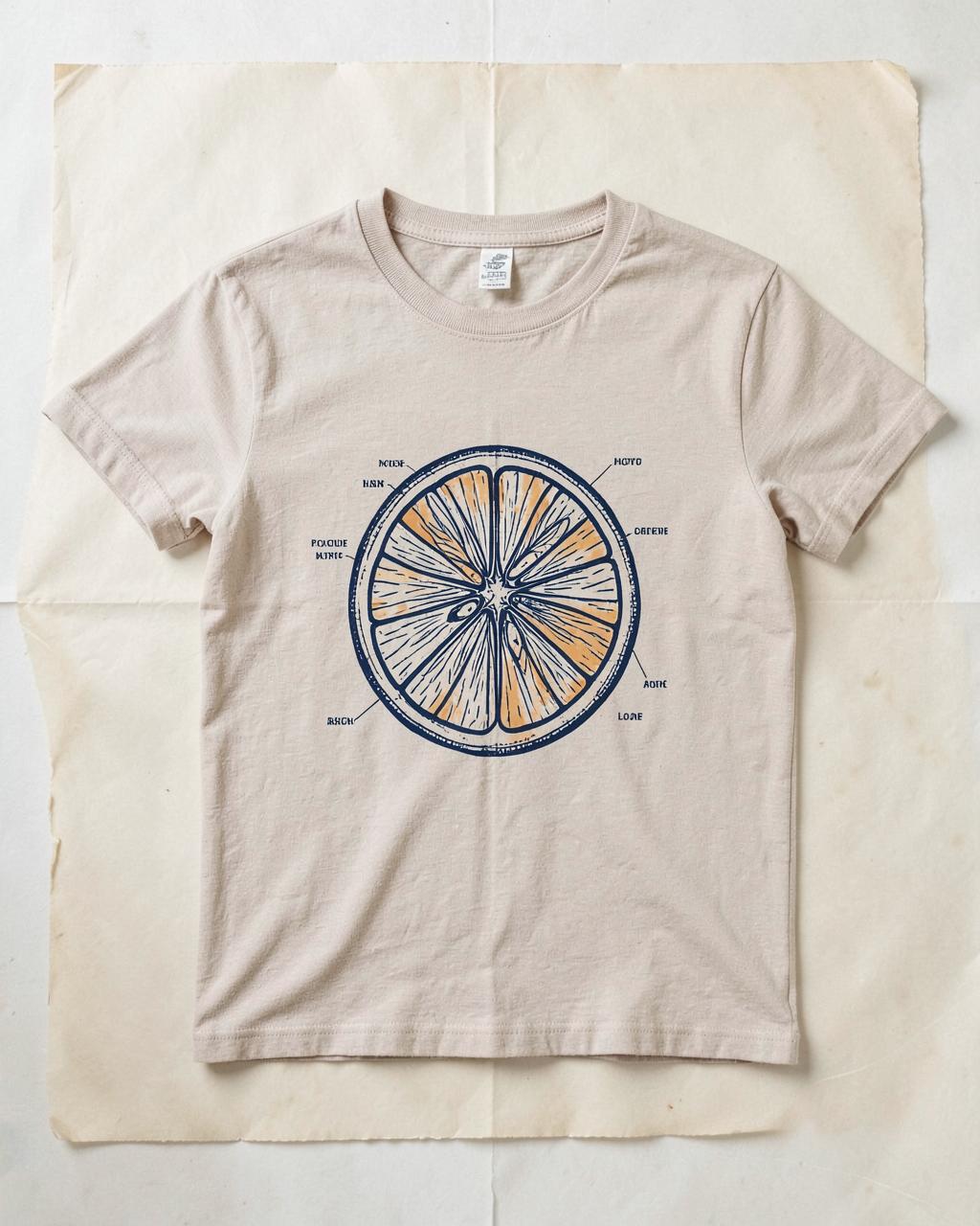 Sand t-shirt printed with a labelled citrus cross-section diagram