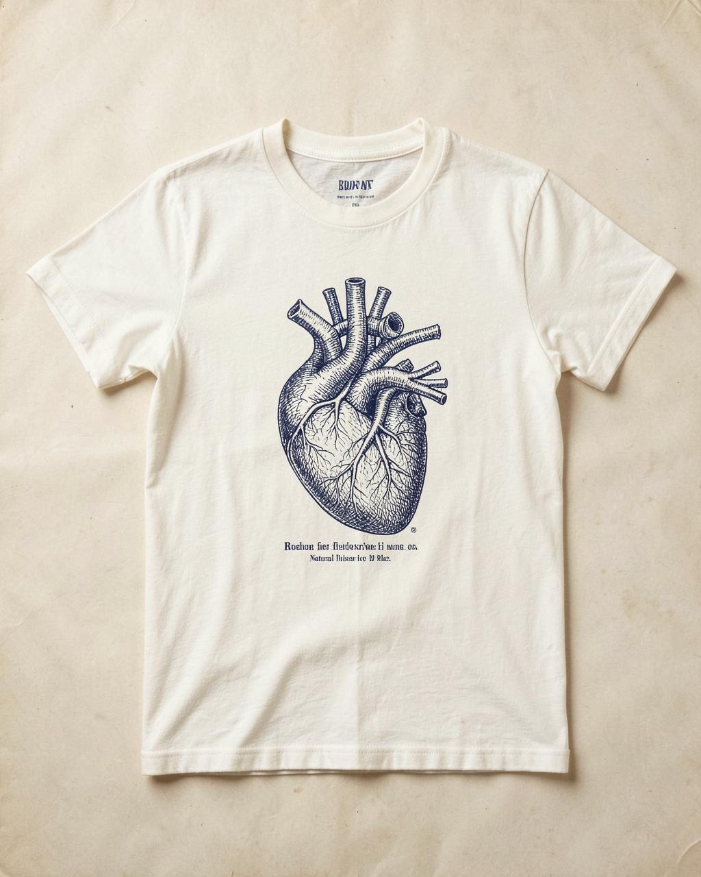 Bone t-shirt printed with an engraved anatomical heart diagram