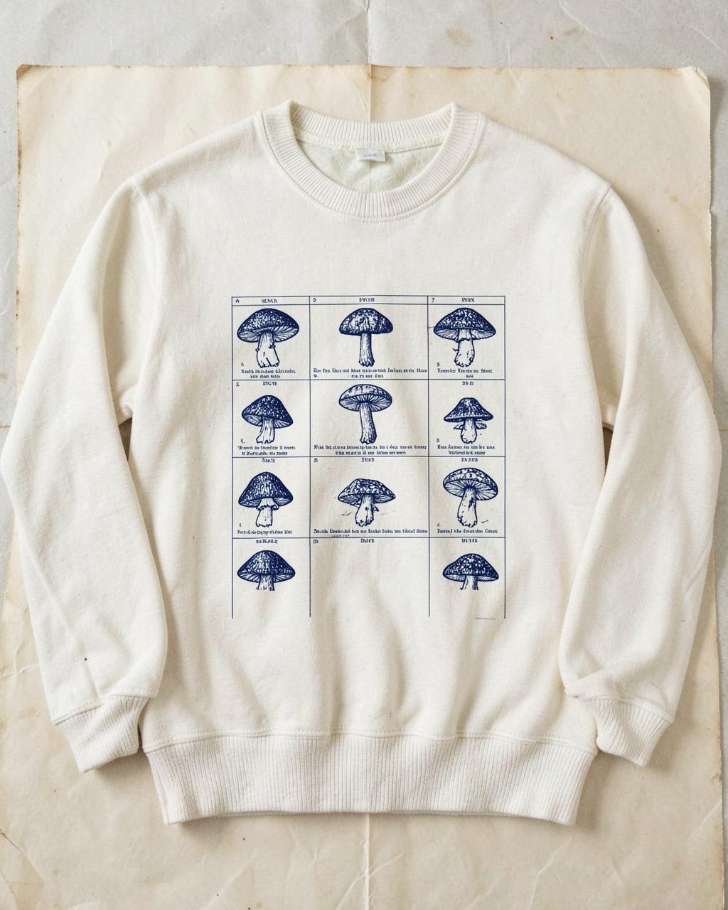 Bone sweatshirt printed with a twelve-part index of mushroom illustrations