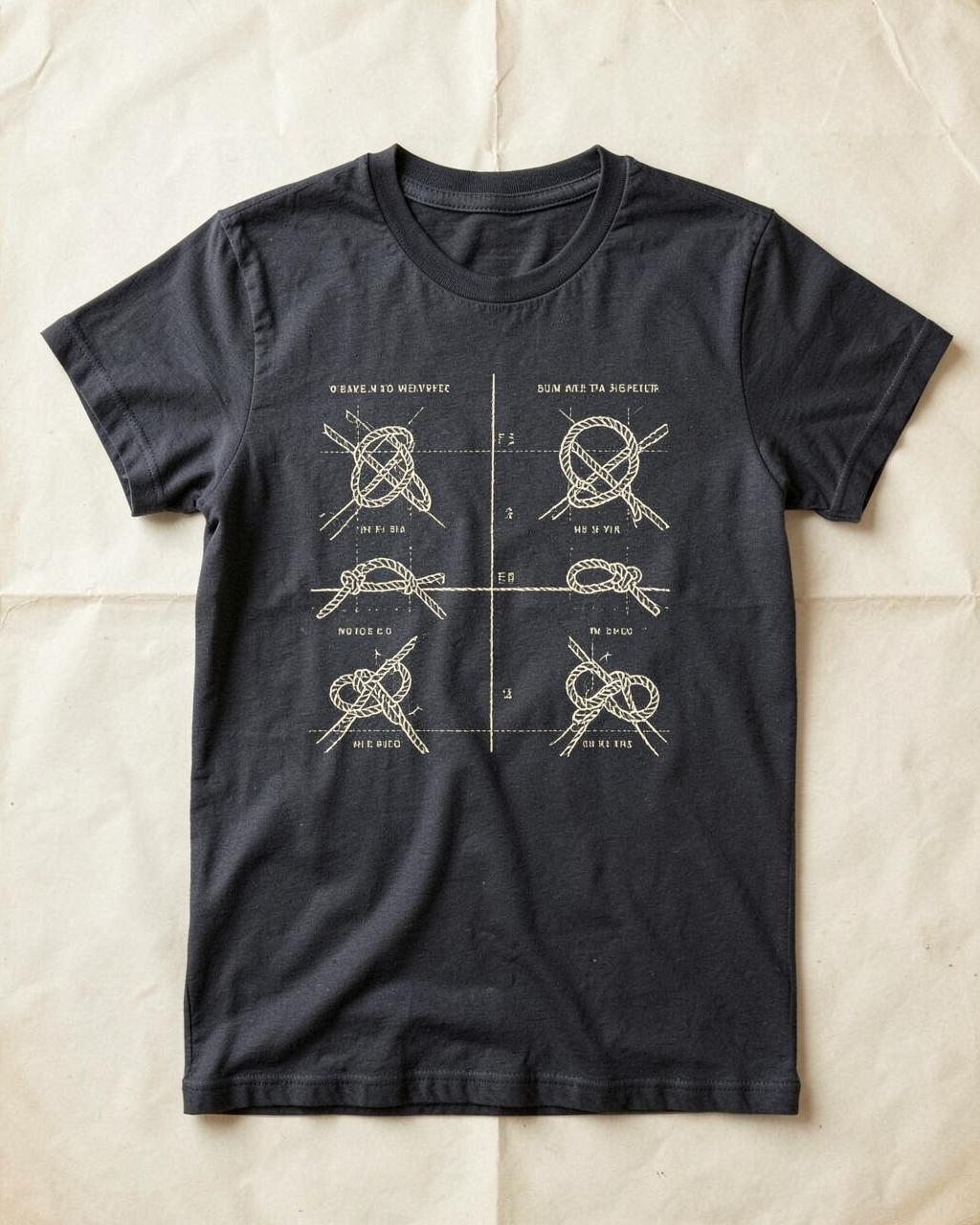 Ink t-shirt printed with a sixteen-cell chart of rope knots