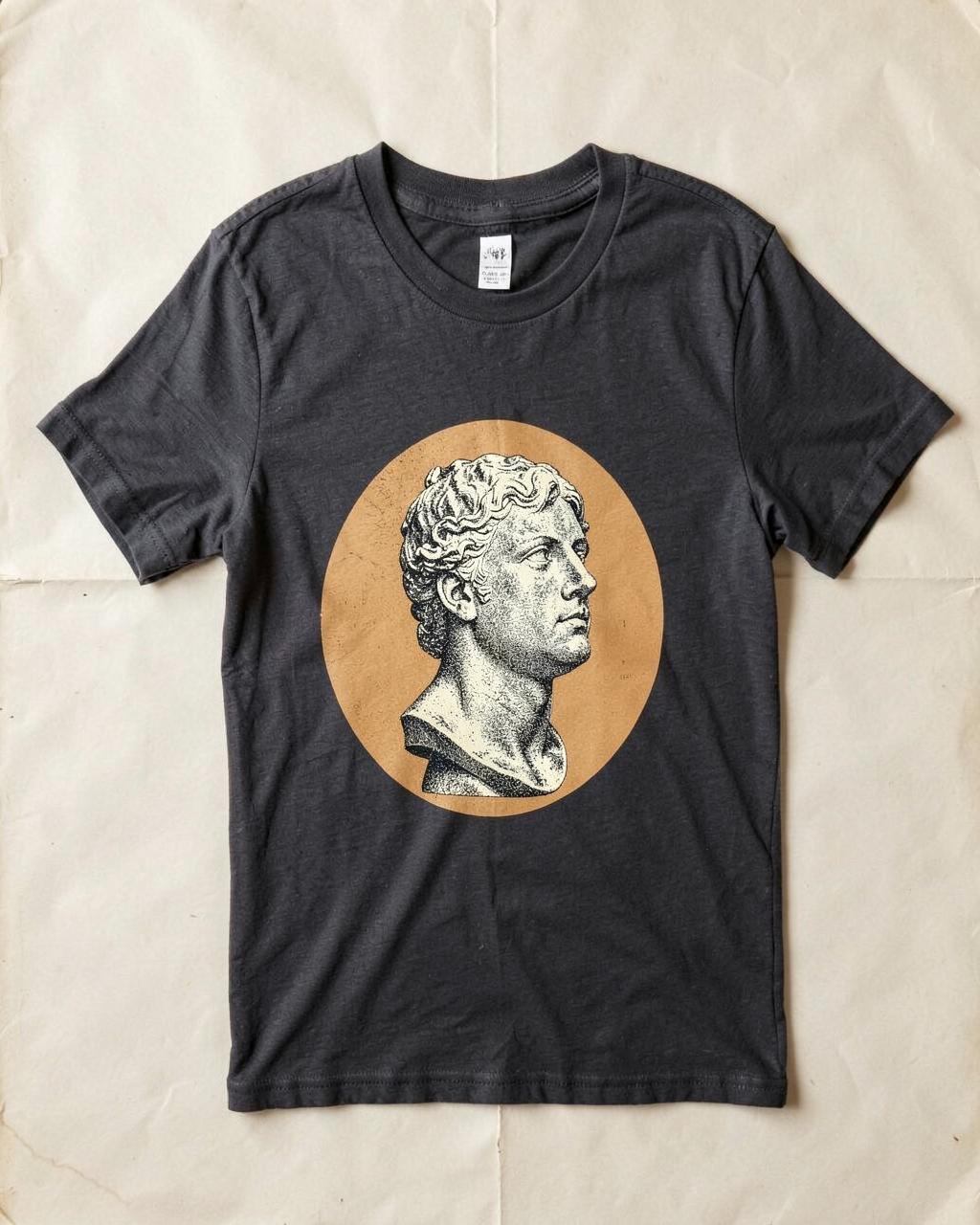 Ink t-shirt printed with a classical marble bust over an ochre disc