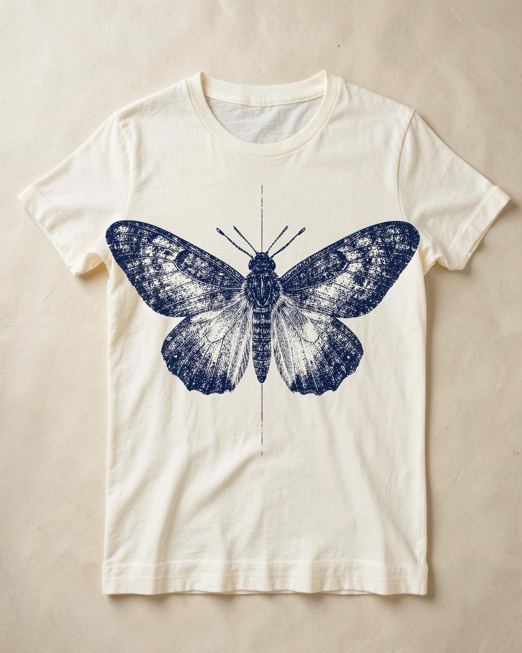 Bone t-shirt printed with a large symmetrical atlas moth illustration