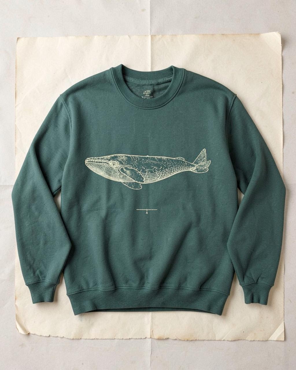 Oxide sweatshirt printed with a long lateral profile of a sperm whale